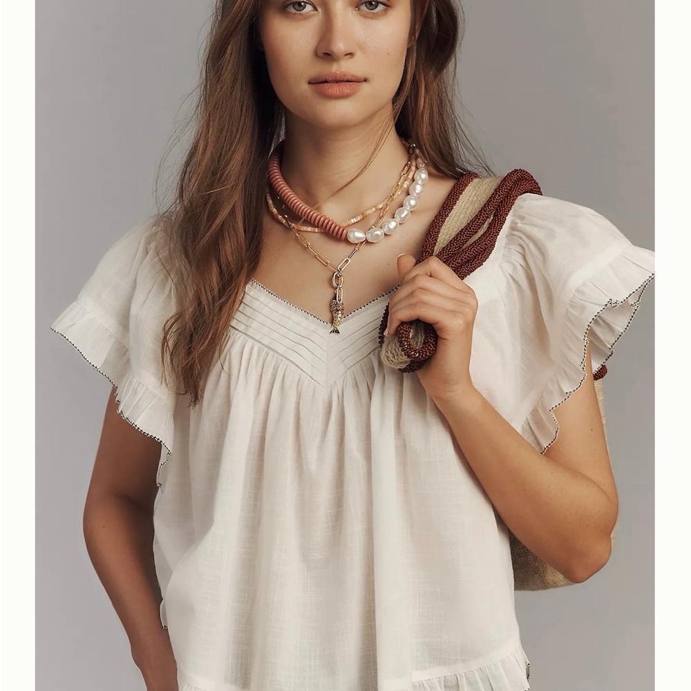 Anthropologie Cream Flutter-Sleeve V-Neck Blouse